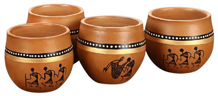 ExclusiveLane Warli Handpainted Terracotta Clay Kullad Tea Cups Set & Coffee Kullad Cups Chai Kulhads Cup Set