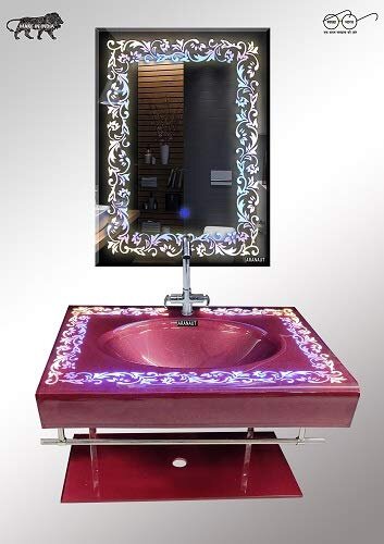 ARANAUT Arvind Sanitary LED Lip Counter Flower Frosting Glass Wash Basin Full Set with LED Mirror, Steel Stand